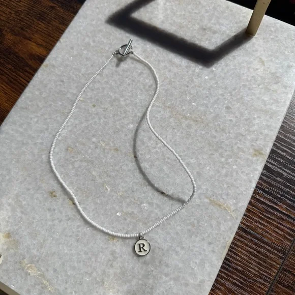 White Beaded Initial Necklace “R” | Minimalist Letter Charm - Picture 2 of 4